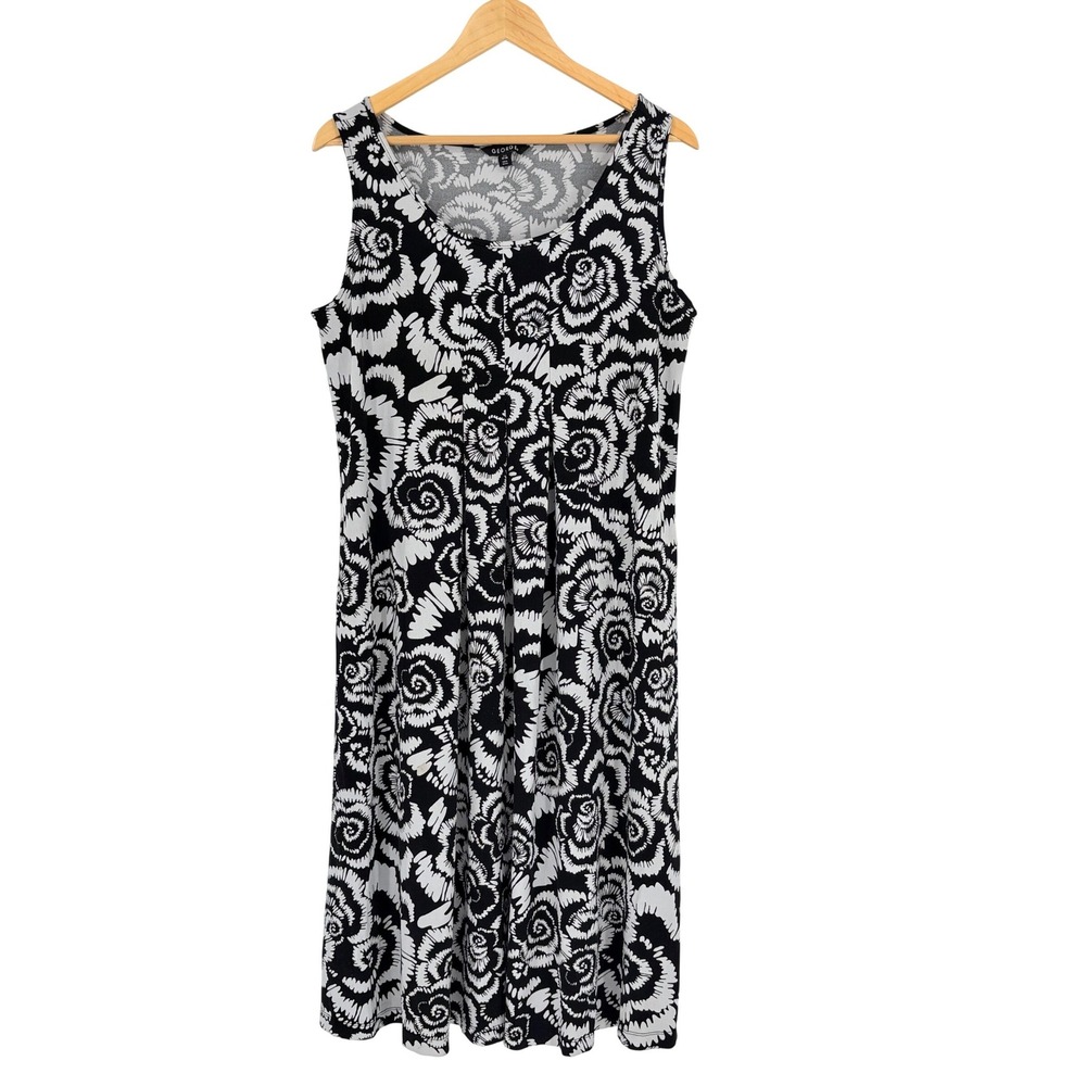 George Floral Sleeveless Dress Womens Large 12-14 Black‎ White Beach Coverup